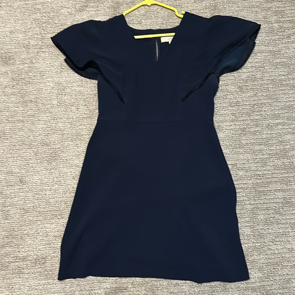 LOFT Navy Dress with Fringe Flutter Sleeves